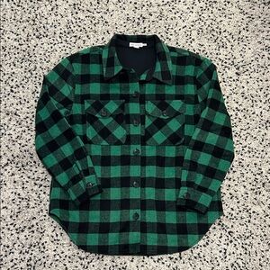 Good American Black and Green Plaid Button-Up Shacket